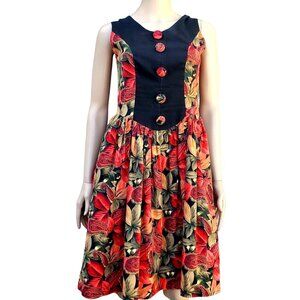 50s Dress Red Black Floral Cotton Dirndl Sleeveless Metal Zipper Pockets Small